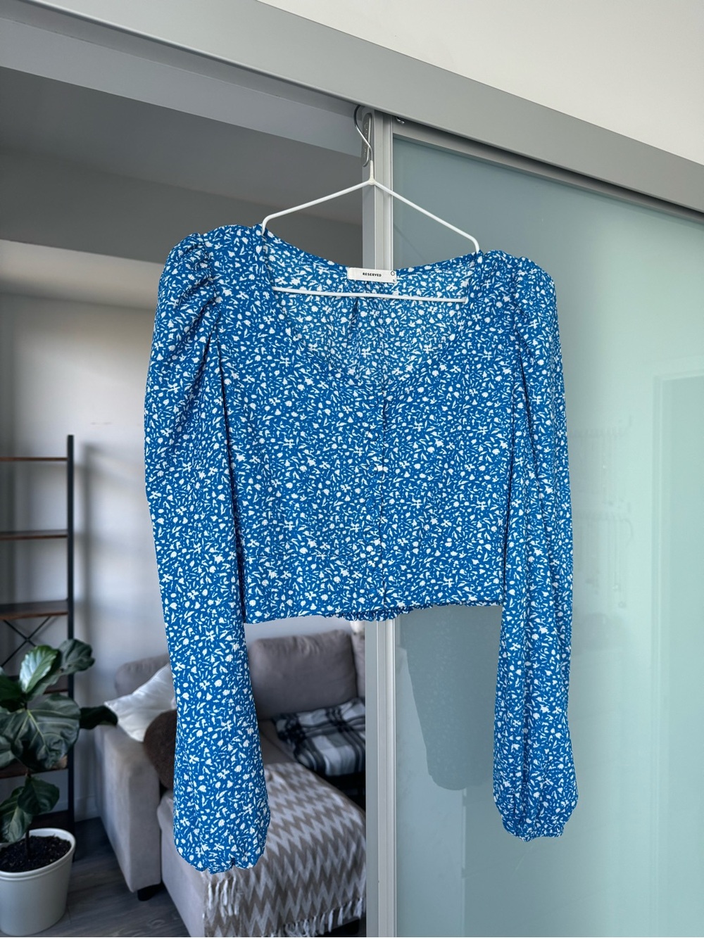 Reserved Blue Floral Square-Neck Long-Sleeve Blouse